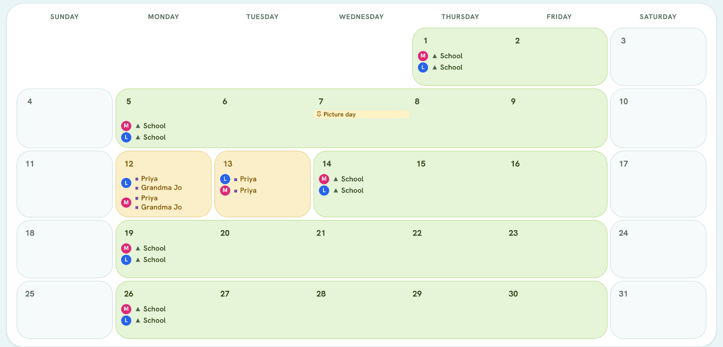 October on the Rompling plan: school weeks in green for Maya and Leo, two no-school days in amber covered by Priya and Grandma Jo, and “Picture day” pinned to the 7th.