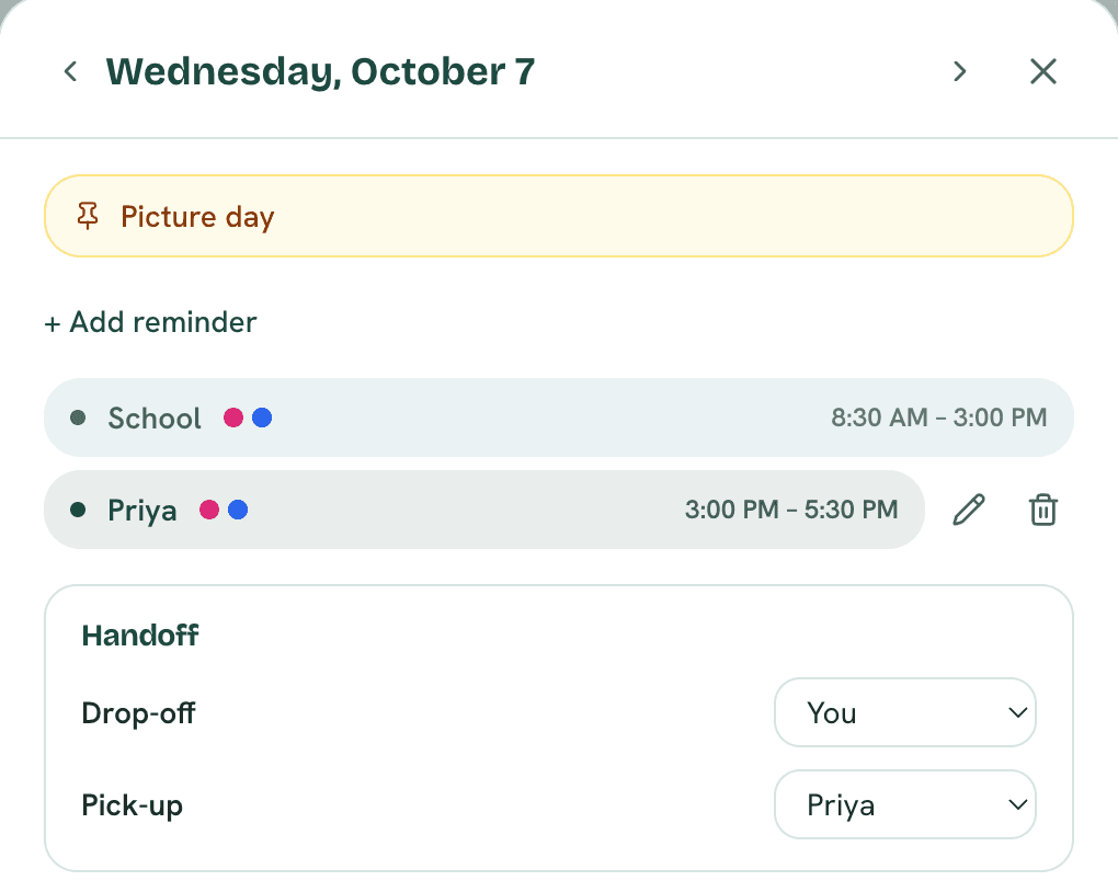 A reminder pinned to the day: “Picture day” sits above school and Priya’s pick-up on Wednesday, October 7.