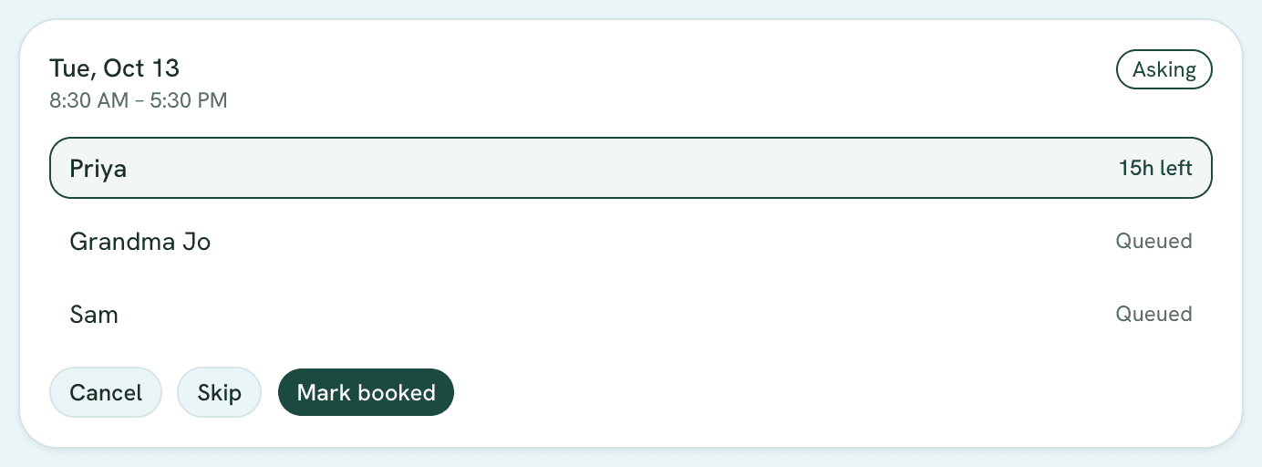 The request in progress: Priya has 15 hours left to answer, with Grandma Jo and Sam queued next.